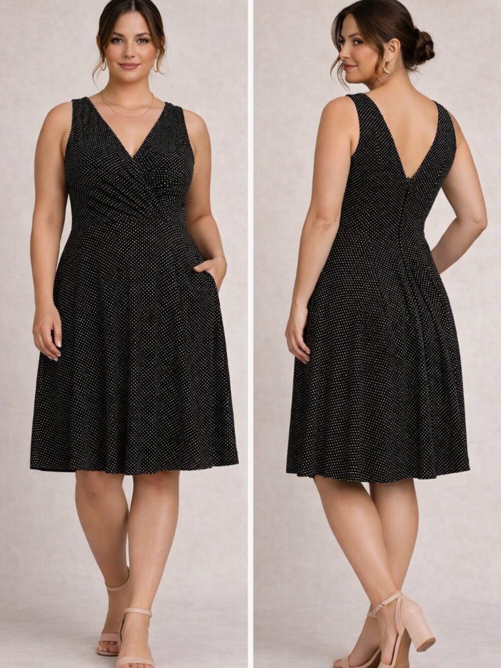 Corey P white small polka dot on black V Neck Empire Waist Pleated Dress Size10